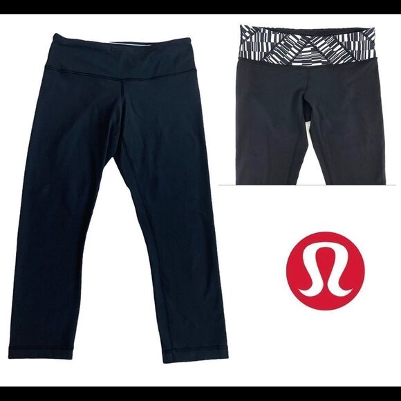 LULULEMON black capri leggings white black striped waist band Sz 6 - Picture 11 of 11